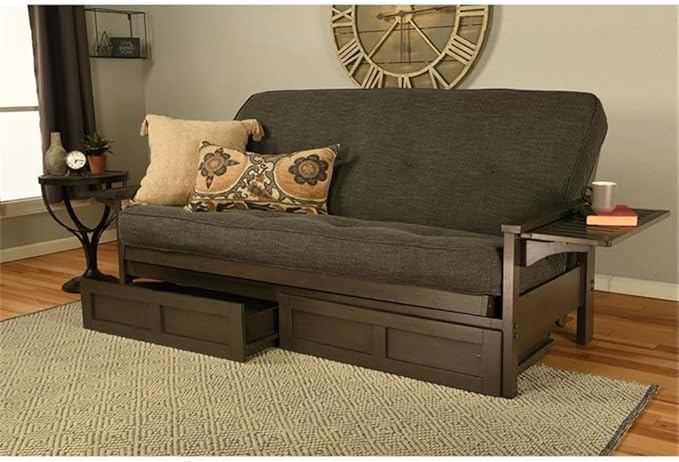 Kodiak Furniture Alamosa Full Size Futon Frame with Storage Drawers - Wood Sofa Sleeper Frame with Mattress Included in Linen Gray Color