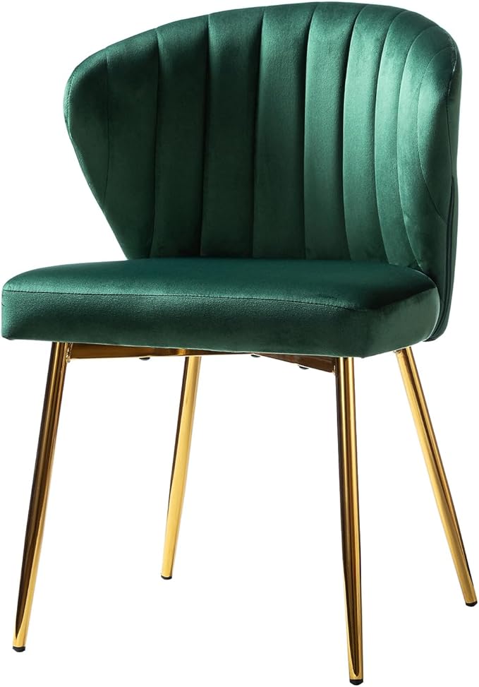 HULALA HOME Velvet Dining Chair Cute Armless Accent Chair Living Room Chair with Golden Legs Mid Century Modern Upholstered Side Chair for Kitchen Vanity Green