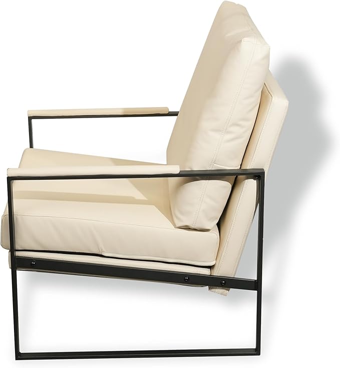 CONSDAN StoneCreek Accent Chair Modern Armchair with Metal Frame Leather Single Sofa Chair with Thick Padded Backrest Upholstered Lounge Chair for Living Room Bedroom Pale Cream White