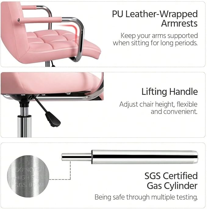 Butterslay Mid-Back PU Leather Office Chair with Armrests 360° Swivel Rolling Height Adjustable Desk Chair with Lumbar Support for Home Office Bedroom White/Pink/Brown/Retro Brown (Pink)