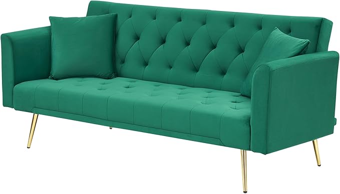 71 Modern Velvet Sofa Bed Futon Convertible Sleeper Couch with Adjustable Backrest Tufted Recliner Loveseat with Golden Chrome Legs &amp 2 Pillows for Small Spaces Living Room Apartment (Green)