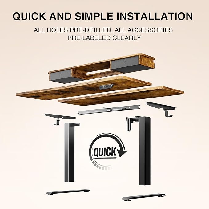 Veken 47.2×27.6 Standing Desk with Storage Drawers Adjustable Height Computer Table with Monitor Shelf Home Office Desk for Study Gaming Workstation Brown