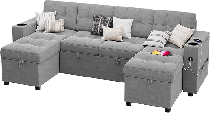 IDEALHOUSE U-Shaped Couches for Living Room Sofa Bed for Living Room with Reversible Storage Chaises and Hidden Storage Armrests Cup Holders and USB Charging Ports Included Light Grey