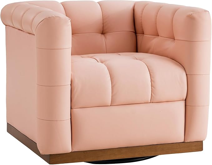 HULALA HOME Genuine Leather Swivel Accent Chair with Wooden Base Mid Century Modern Square Accent Chair for Living Room Bedroom Club Pink