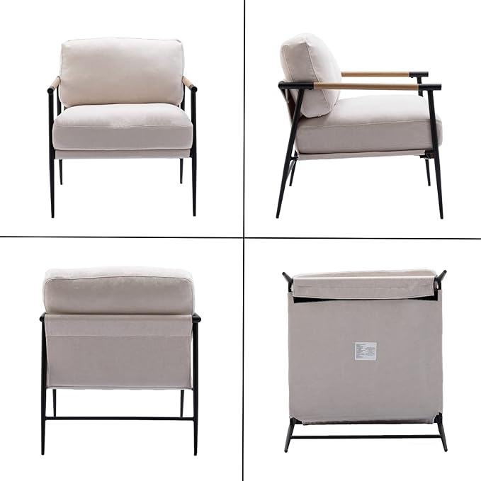 CIMOTA Modern Accent Chair Comfy Armchair Chenille Fabric Living Room Chair with Metal Frame Upholstered Leisure Chairs with Thick Cushion for Living Room Bedroom Balcony 1PC Beige
