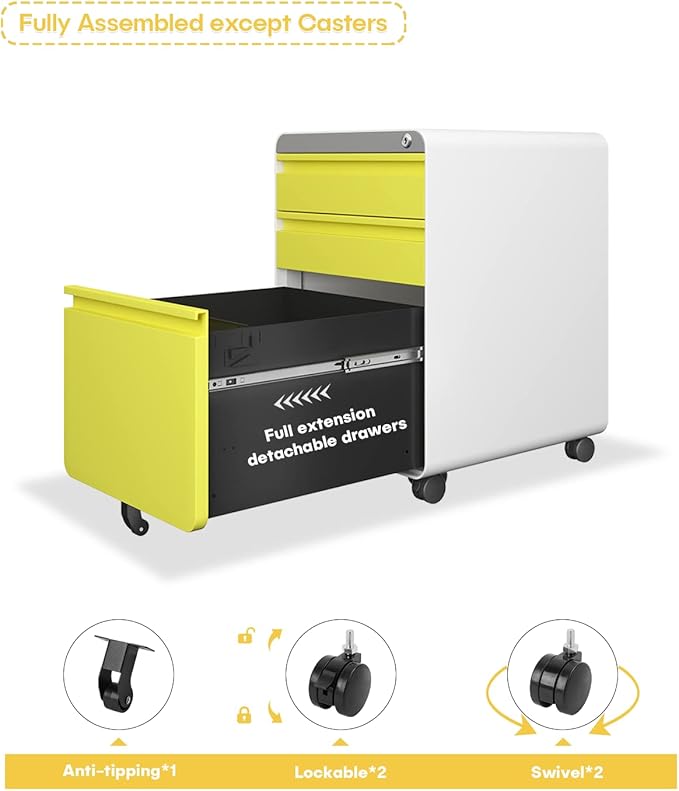 Dripex 3 Drawer File Cabinet Metal Filing Cabinets with Lock Wheels &amp Hanging Rail for A4/Legal/Letter File Anti-tilt Under Desk Design Lockable Rolling Mobile File Cabinet for Home Office (Yel