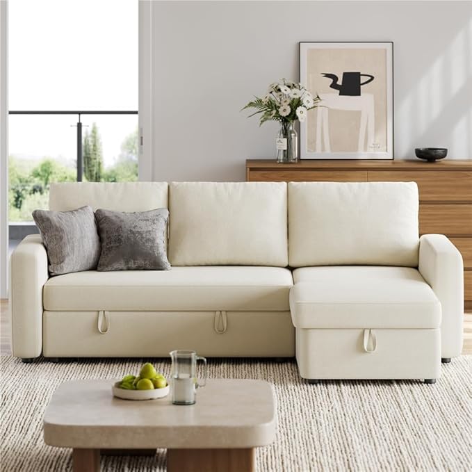 Yaheetech Sectional Sofa L-Shaped Sofa Couch Bed w/Chaise &amp USB Reversible Couch Sleeper w/Pull Out Bed &amp Storage Space Living Room Beige