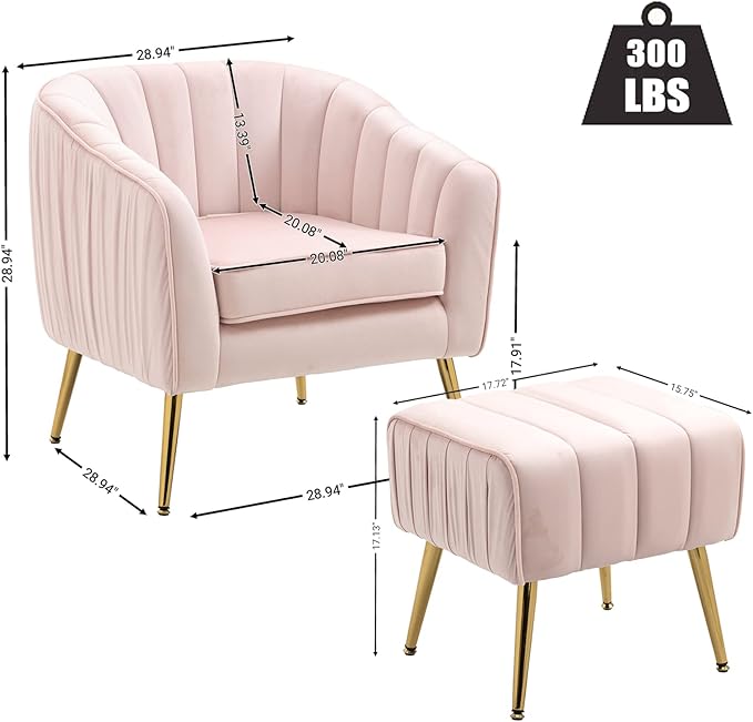 Velvet Accent Sofa Chair with Ottoman Comfy Living Room Chairs with Adjustable Legs Modern Upholstered Tufted Lounge Barrel Chair Ottoman Set for Bedroom Home Office (Pink)