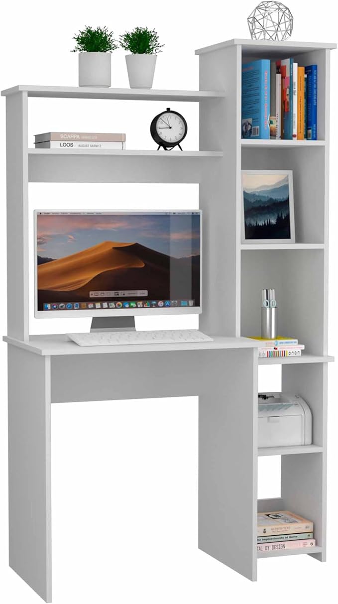 Penau White 6-Shelf Writing Desk with Built-in Bookcase Durable Particle Board Construction Stylish Home Office Furniture with Extensive Storage