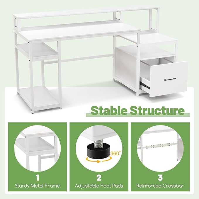 COSTWAY 66-inch Computer Desk with Power Outlet Office Desk with Monitor Stand Printer Shelf File Drawer CPU Stand Modern Home Office Desk Computer Workstation White