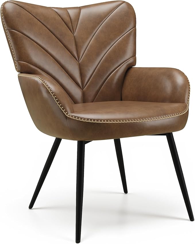 Mid-Century Modern Faux Leather Accent Chair for Living Room Upholstered Armchair with Curved Ergonomic Back High-Density Cushion &amp Metal Legs Lounge Chair for Bedroom/Reading Corner