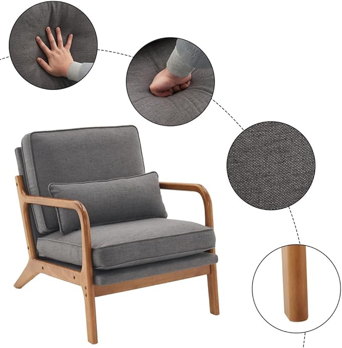 Accent Chair Mid-Century Modern Upholstered Armchair with Lumbar Pillow Comfy Lounge Chair Reading Chair with Solid Wood Frame &amp Soft Cushion for Living Room Bedroom Balcony Dark Grey