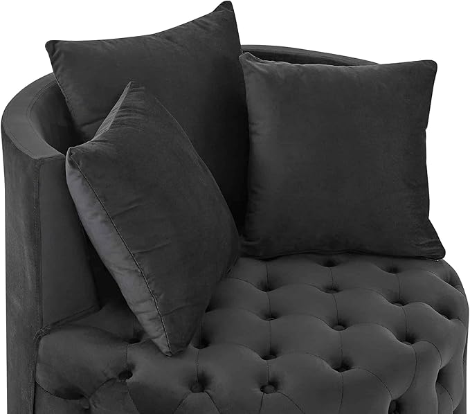 Velvet Upholstered Swivel Chair for Living Room with Button Tufted Design and Movable Wheels Including 3 Pillows Black
