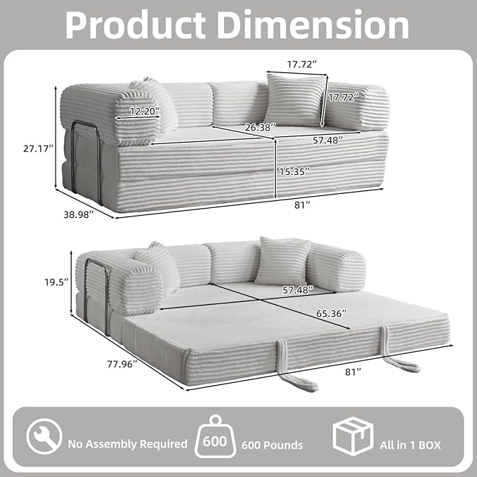Convertible Folding Sofa BedFold Out Floor Sofa Couch with Fixed-Shape FrameCorduroy Foldable Mattress Cloud Couch for Living Room Bedroom (Light Gray 81 Inch)