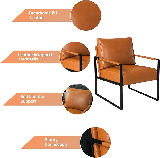 INZOY Leather Accent Chair with Metal Frame Set of 2 Comfy Living Room Chair with Plump Backrest and Cushion Mid Century Modern Chair with Sturdy Structure Easy to Clean Brown
