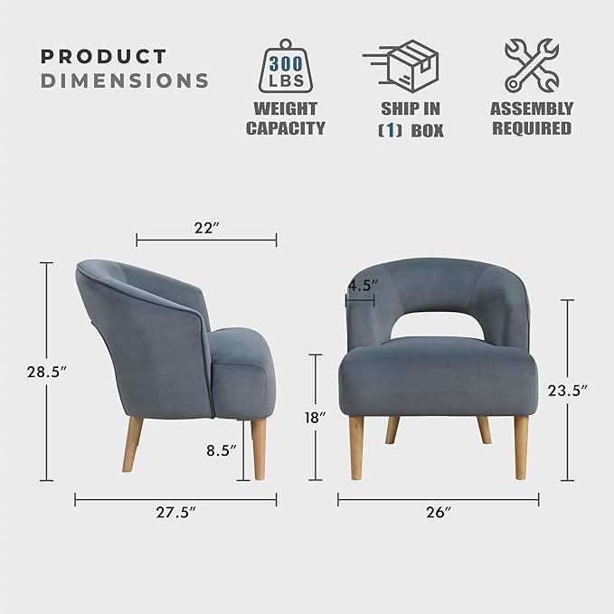 Lexicon Accent Arm Chair Modern Comfy Velvet Accent Chair Open Back with Solid Wood Legs for Living Room/Bedroom/Office/Waiting Room Dark Gray