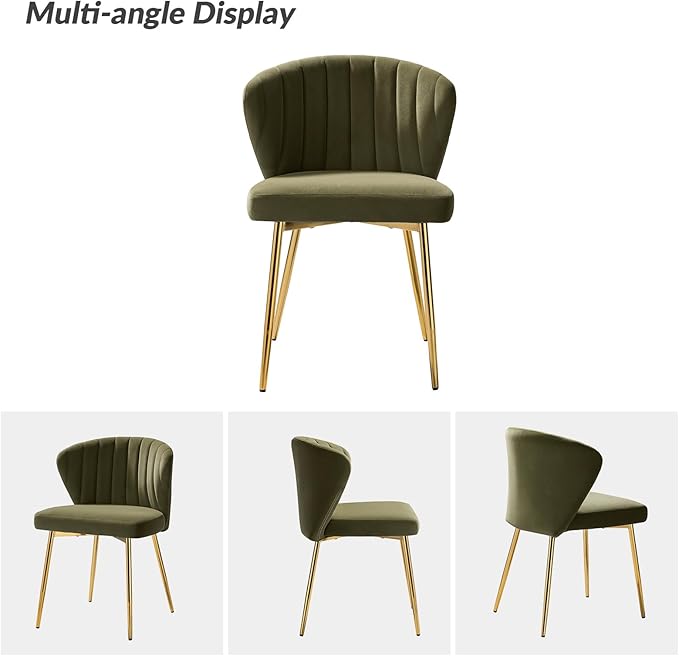 HULALA HOME Velvet Dining Chairs Modern Small Armless Accent Chair with Gold Metal Legs Living Room Upholstered Cute Side Chair Elegant Tufted Back Vanity Chair for Bedroom Moss
