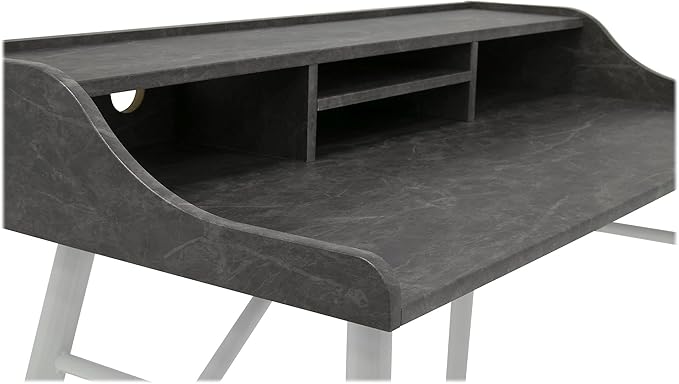 Calico Designs Woodford 45” Wide Modern Secretary Writing Desk with Low Storage Hutch and Whtie Metal Tapered Legs in Marbled Dark Grey White