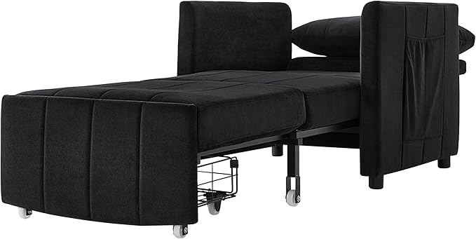 Pull Out Sofa Bed for Living Room 31.5 Upholstered Convertible Sleeper Sofa 3-in-1 Convertible Sleeper Chair with 5-Position Adjustable Backrest Side Pockets and a Storage Basket (Black/352)
