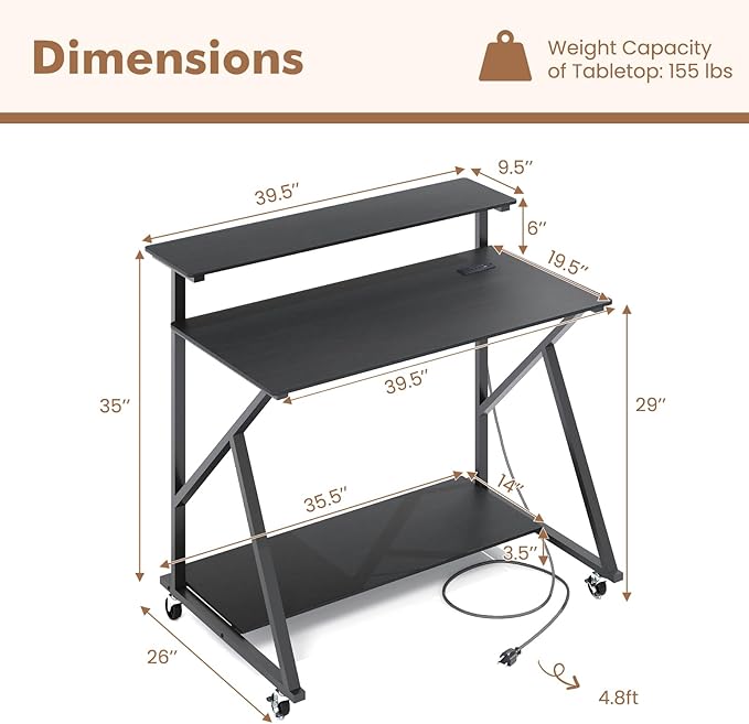 Giantex Rolling Computer Desk with Charging Station Mobile Portable Laptop Desk with Monitor Stand &amp Storage Shelf Small Desk with Lockable Wheels for Small Spaces Home Office (Black)