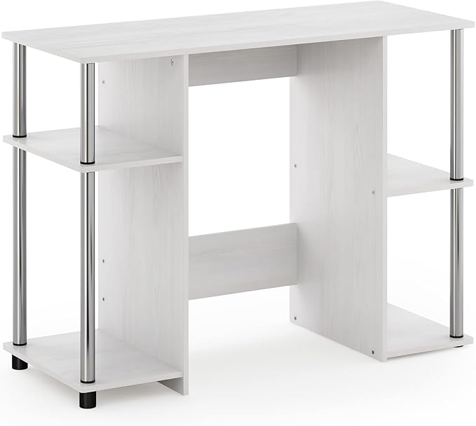 Furinno JAYA Desk 38.4 Wide Gaming Desk Computer Study Desk Office Desk with Side Shelves Open Storage for Home Office Bedroom Dorm Study Room White Oak/Stainless Steel