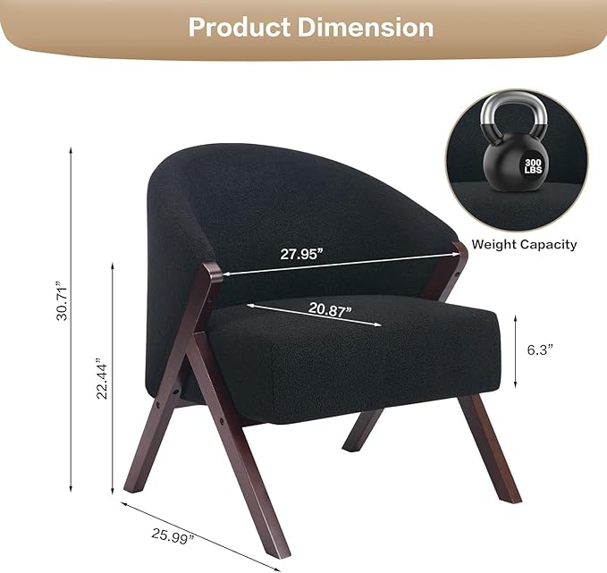 PU Leather Mid-Century Modern Accent Chair with Wooden Legs Comfortable Upholstered Reading and Leisure Chair for Living Room Bedroom and Waiting Room-Black