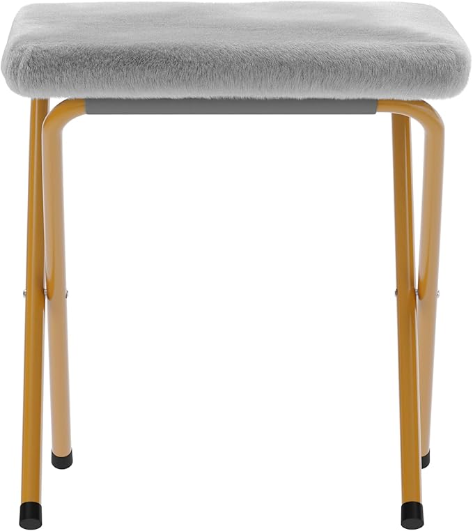 Flash Furniture Eleanor Portable Double Saucer Chair with 2 Ottomans Folding Steel Frames for Dorm or Bedroom 56 Gray Faux Fur/Soft Gold Frame