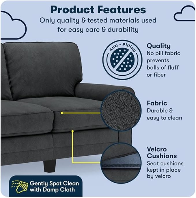 BOWERY HILL 61 Rolled Arm Loveseat Sofa Charcoal Upholstered Pill-Resistant Polyester Compact Space-Saving Design with Removable Covers Solid Wood Frame Modern Living Room Seating