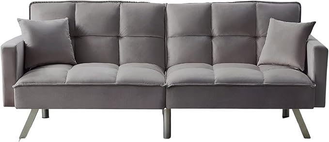 Legend Vansen 80'' Velvet Love seat Convertible Futon Two Pillows Sleeper Couch with 3 Adjustable Backrests Sofa Bed Large Sleeping Area Sofabed Grey