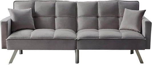 Legend Vansen 80'' Velvet Love seat Convertible Futon Two Pillows Sleeper Couch with 3 Adjustable Backrests Sofa Bed Large Sleeping Area Sofabed Grey
