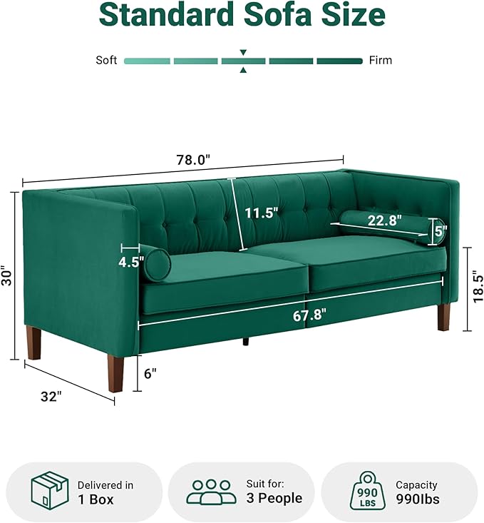 Kingfun 78 Couch for Living Room Mid Century Modern Sofa Velvet Loveseats with Bolster Pillows Home Sofa for Bedroom Green