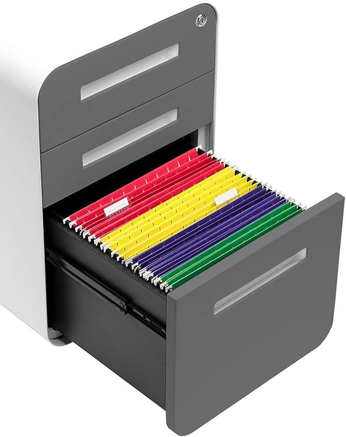 Laura Davidson Furniture Stockpile 3 Drawer File Cabinet with Lock - Under Office Desk Metal Filing Cabinet Legal/Letter File Folders Wheels and Stationary Feet Pre-Assembled Dark Grey Faceplate
