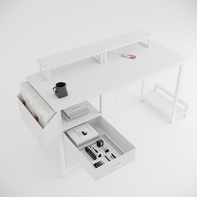 Modern 47 Home Office Writing Desk with Power Outlet &amp 2 Drawers Gaming Desk w/ 2 Monitor Stands &amp Side Pocket for Office Crowd &amp Gaming Crowd (White)
