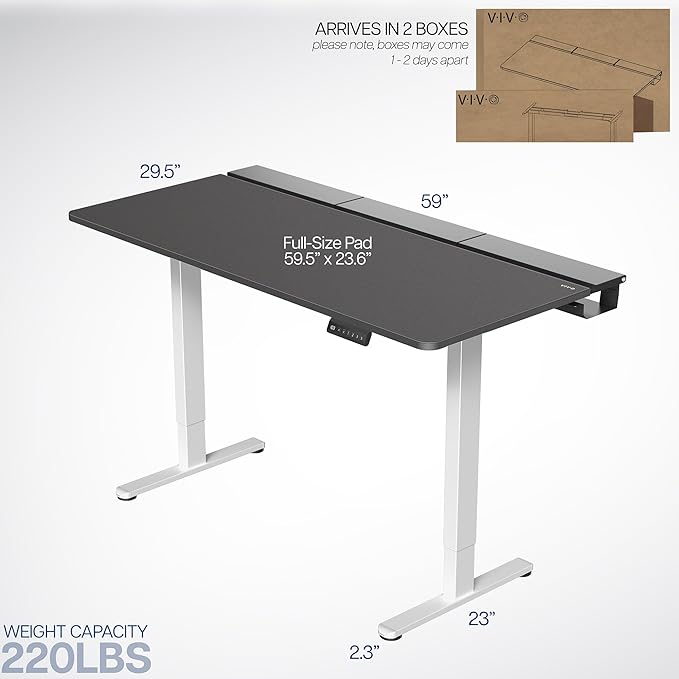 VIVO Electric 60 x 30 inch Standing Desk with Concealed Trays and Full-Size Mouse Pad Dual Motor Memory Controller Height Adjustment Black Top White Frame DESK-KIT-E2W-P3B