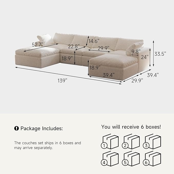 140’’ Oversized Boneless Couch for Living Room Cloud Couch Modular Sectional Free Combination with Ottoman Washable Cushion Cover No Assembly Required White (4-Seat + 2 Ottoman)