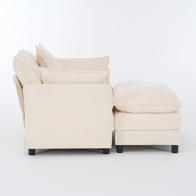 KEIKI Oversized Armchair with Ottoman Chenille Upholstered Sofa Bed Wide Accent Chair Perfect for Living Room Bedroom Apartment Beige