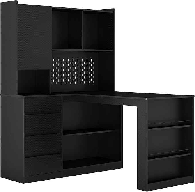 Black L-Shaped Home Office Desk with Hutch &amp Drawers Modern Corner Desk with LED Light &amp Bookshelf Wood Study Writing Table Gaming Computer Desk for Bedroom Home