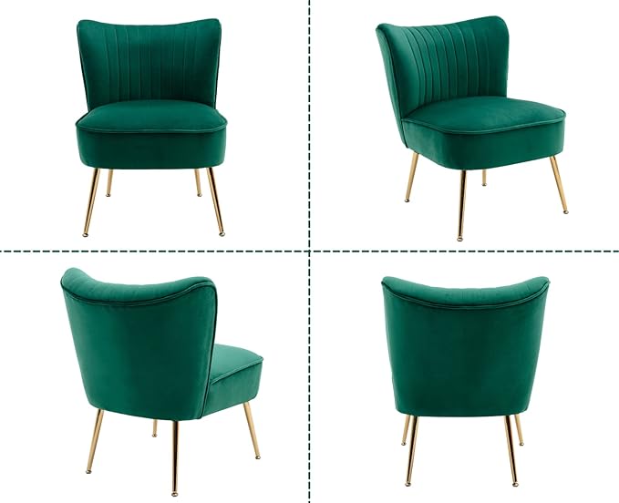 Green Velvet Accent Chairs Set of 2 with Golden Legs Upholstered Side Chairs Mid-Century Modern Slipper Chairs for Guest Room Comfy Armless Wingback Corner Single Sofa for Living Room