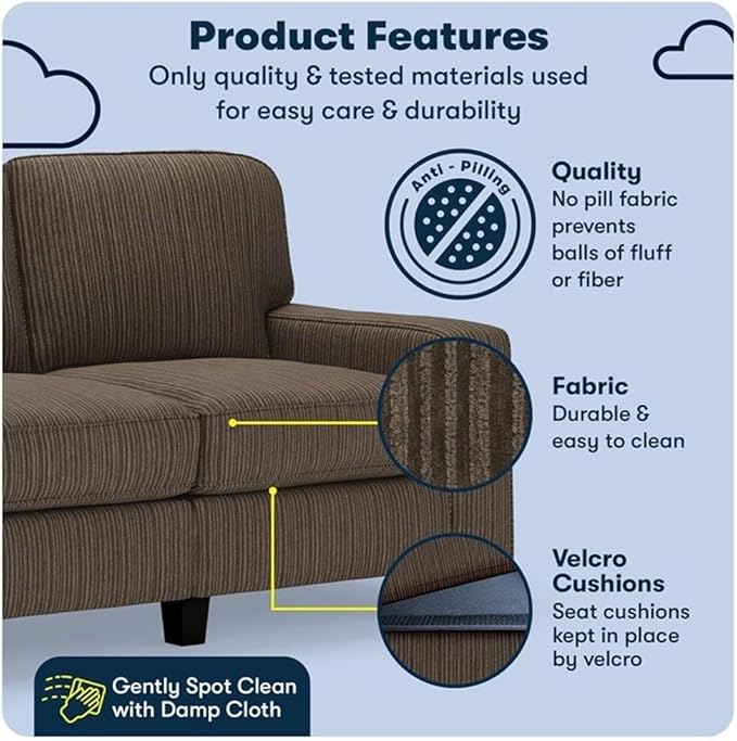 Pemberly Row 61 Track Arm Sofa Loveseat Brown Upholstered Fabric Removable Covers Compact Space-Saving Design Solid Wood Frame High-Density Foam Cushions Modern Living Room or Home Office