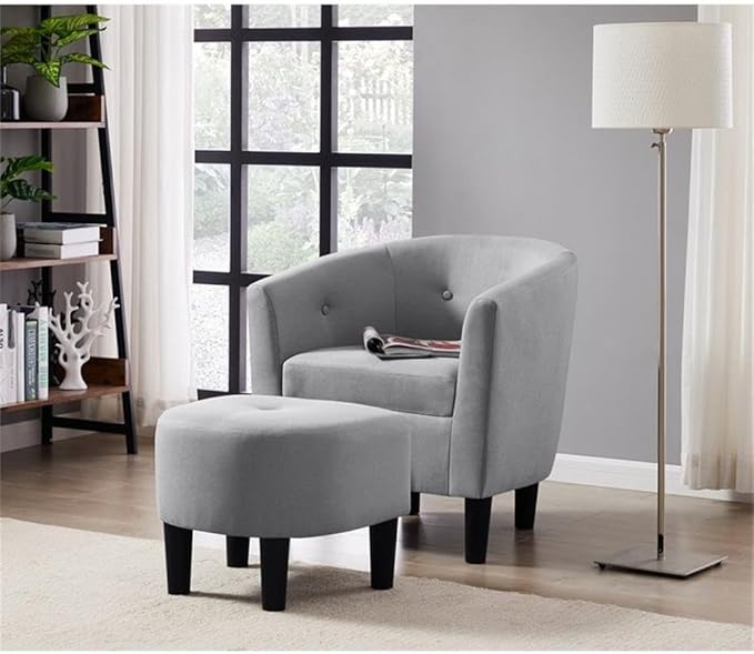 Devion Furniture 57 H Transitional Polyester Fabric Upholstered Button Tufted Accent Chair with Ottoman Easy Assembly for Living Room/Home Office in Light Gray &amp Black Finish