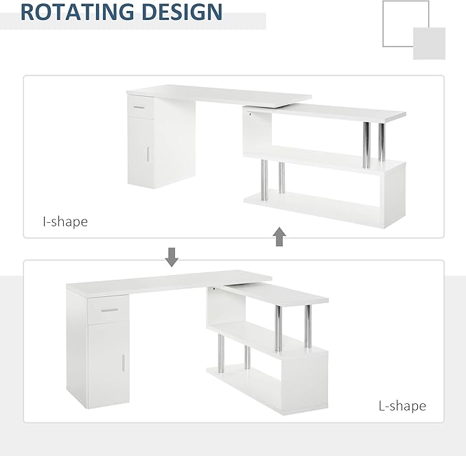 Rotating Computer Desk 55 L Shaped Desk Corner Desk with Storage Shelves Cabinet and Drawer for Home Office White