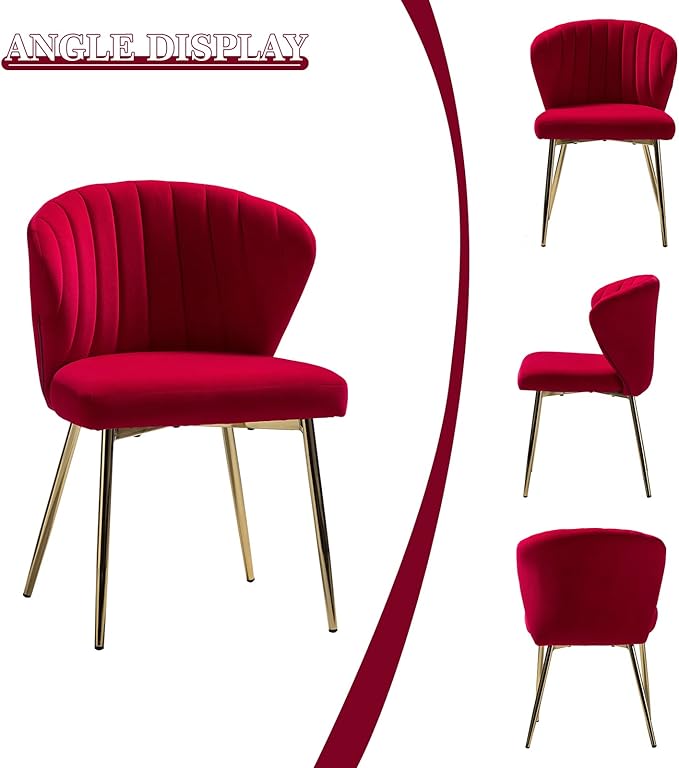 HULALA HOME Velvet Dining Chair Cute Armless Accent Chair Living Room Chair with Golden Legs Mid Century Modern Upholstered Side Chair for Kitchen Vanity RED