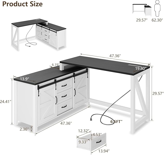 L Shaped Desk with Drawers Farmhouse Executive Wood Home Office Desk with Power Outlet Rustic Reversible Computer Desk with Storage Cabinet with Double Sliding Barn Door and Adjustable Shelves
