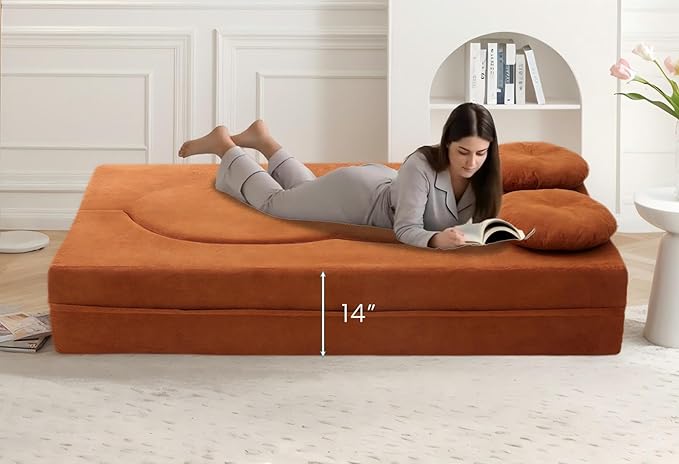 76 Convertible Folding Futon Sofa Bed Queen Sleeper Sofa with Pillow Teddy Fabric Floor &amp Futon Loveseat Couch Foam Folding Mattress Sleeper for Living Room Guest Use OfficeApartment(Orange