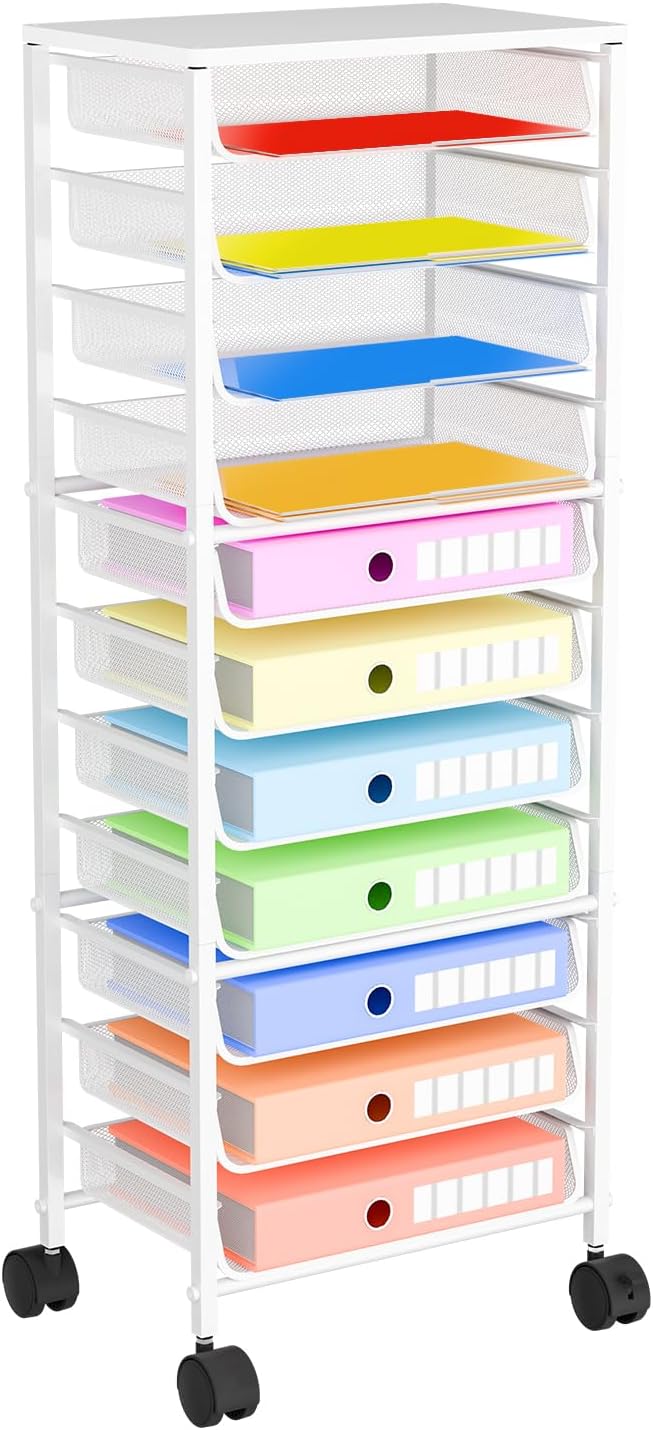 Simple Trending 12 Tier Rolling File CartWood Desk File Organizer with Sliding Trays and Wetal Mesh Paper Letter Storage Multi-Functional Rolling Clutter Cart for Office Home SchoolWhite