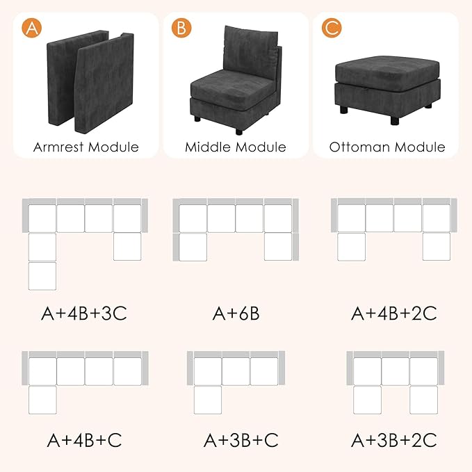 YOUDENOVA Middle Seat Module with Storage for Modular Sectional Sofa Accent Armless Chair Free Combination Dark Grey