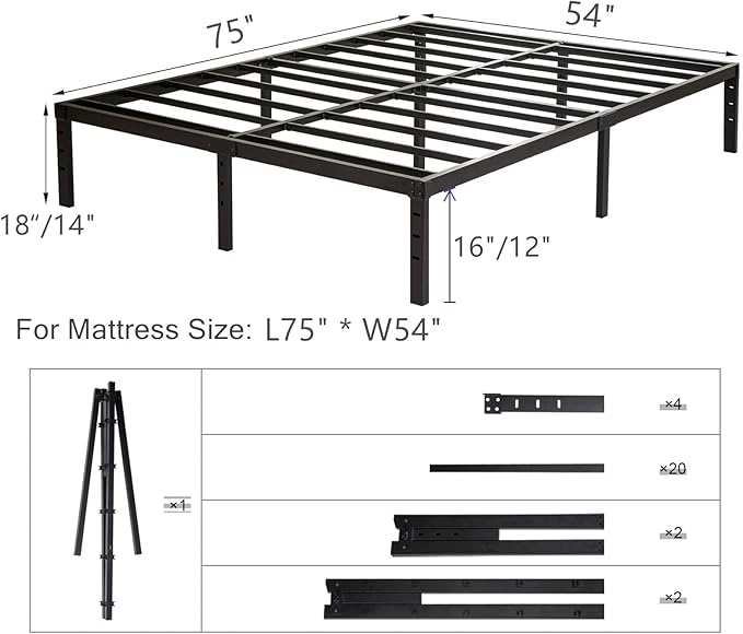 Full Size Bed Frame 18 inch Tall 3500lbs Heavy Duty Metal Platform with Steel Slats Support No Box Spring Needed 18-inch Bedframe with Ample Storage Sturdy and Noise-Free Black