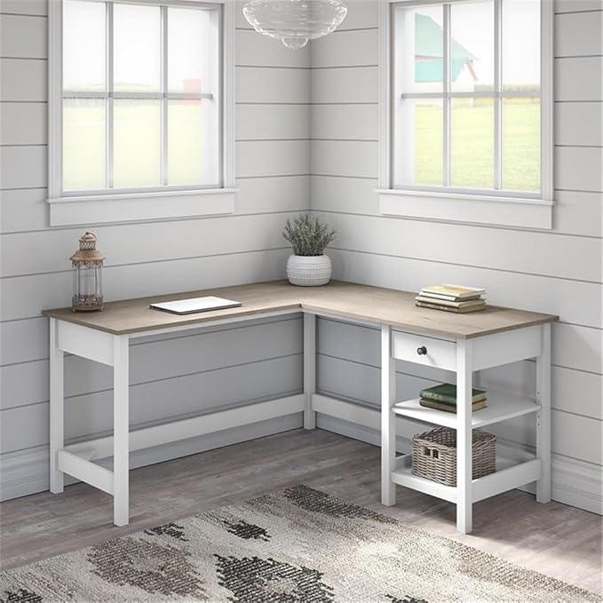 Pemberly Row L Shaped Computer Desk 60W x 60D x 30H Engineered Wood Shiplap Gray and White Finish Adjustable Storage Shelves Small Drawer Modern Farmhouse Home Office Desk