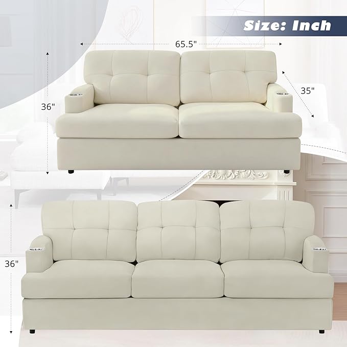 Chenille Modern Sofa Set with Cup Holder Tufted Upholstered Couch and Lovesaet with Thickened Cushions Comfy 3 Seater and 2 Seater Sofa with Deeper Seat for Living Room ApartmentBeige
