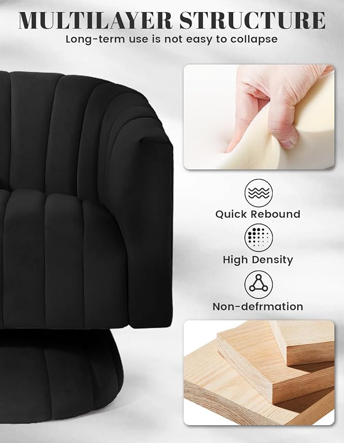 Kromax Swivel Accent Chair with Armrest Set of 2 Mid Century 360 Degree Swivel Barrel Chair Overstuffed Tufted Velvet Ideal for Living Room Bedroom Reading Room Black